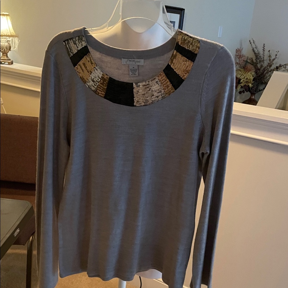 Mercer Street Studio Gray Sweater with Gold and Black Accents